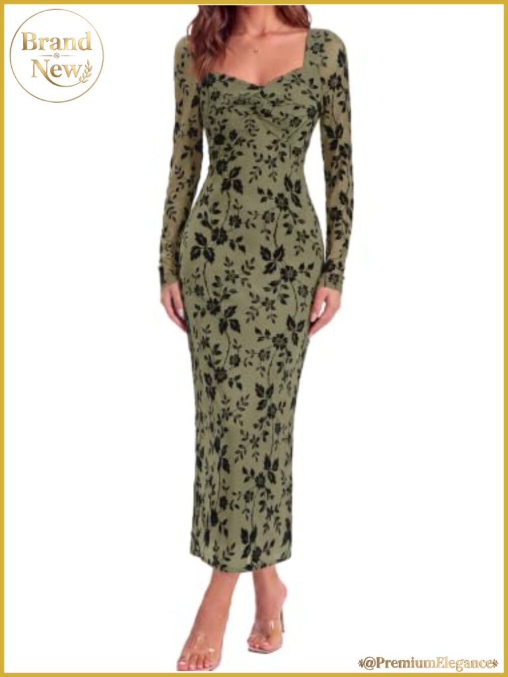 Floral Bodycon Long Sleeve Sweetheart Neck Maxi Dress Wedding Guest